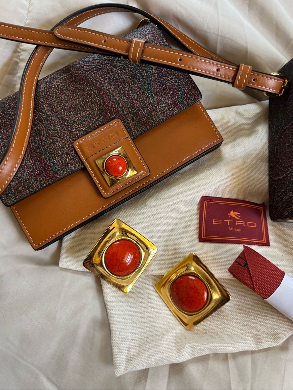 Etro Milano Paisley Crossbody Tan Leather Red Stone Gold Matching Earrings Boho - Picture 17 of 17